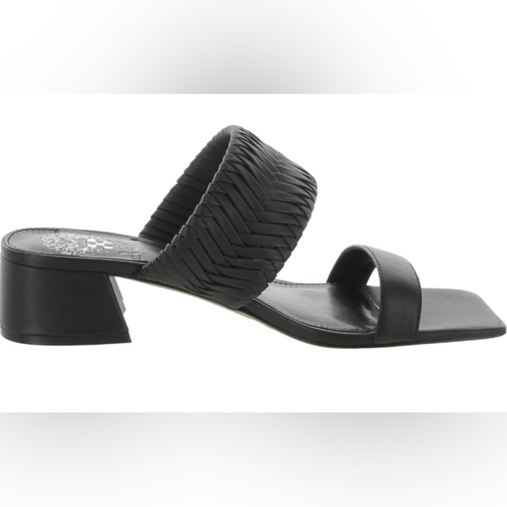 Vince Camuto Shamira Black Leather Woven Block Heel Sandals NEW Womens MSRP $99